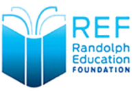 Logo of the Randolph Education Foundation (REF) featuring an open book with stylized pages, symbolizing knowledge and guidance, next to the text 